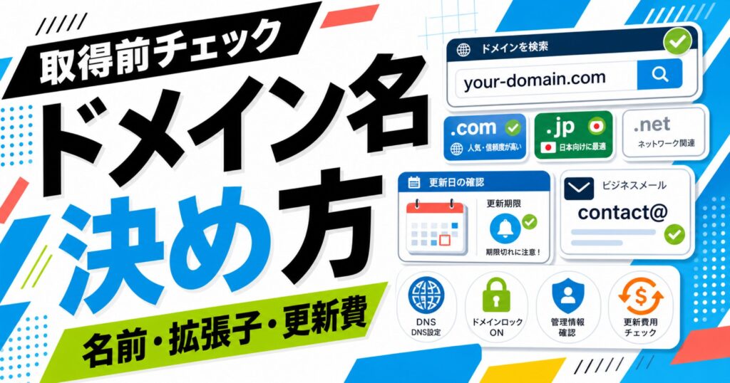 ドメイン名の決め方として取得前に名前、拡張子、更新費を確認することを示すサムネイル