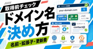 ドメイン名の決め方として取得前に名前、拡張子、更新費を確認することを示すサムネイル