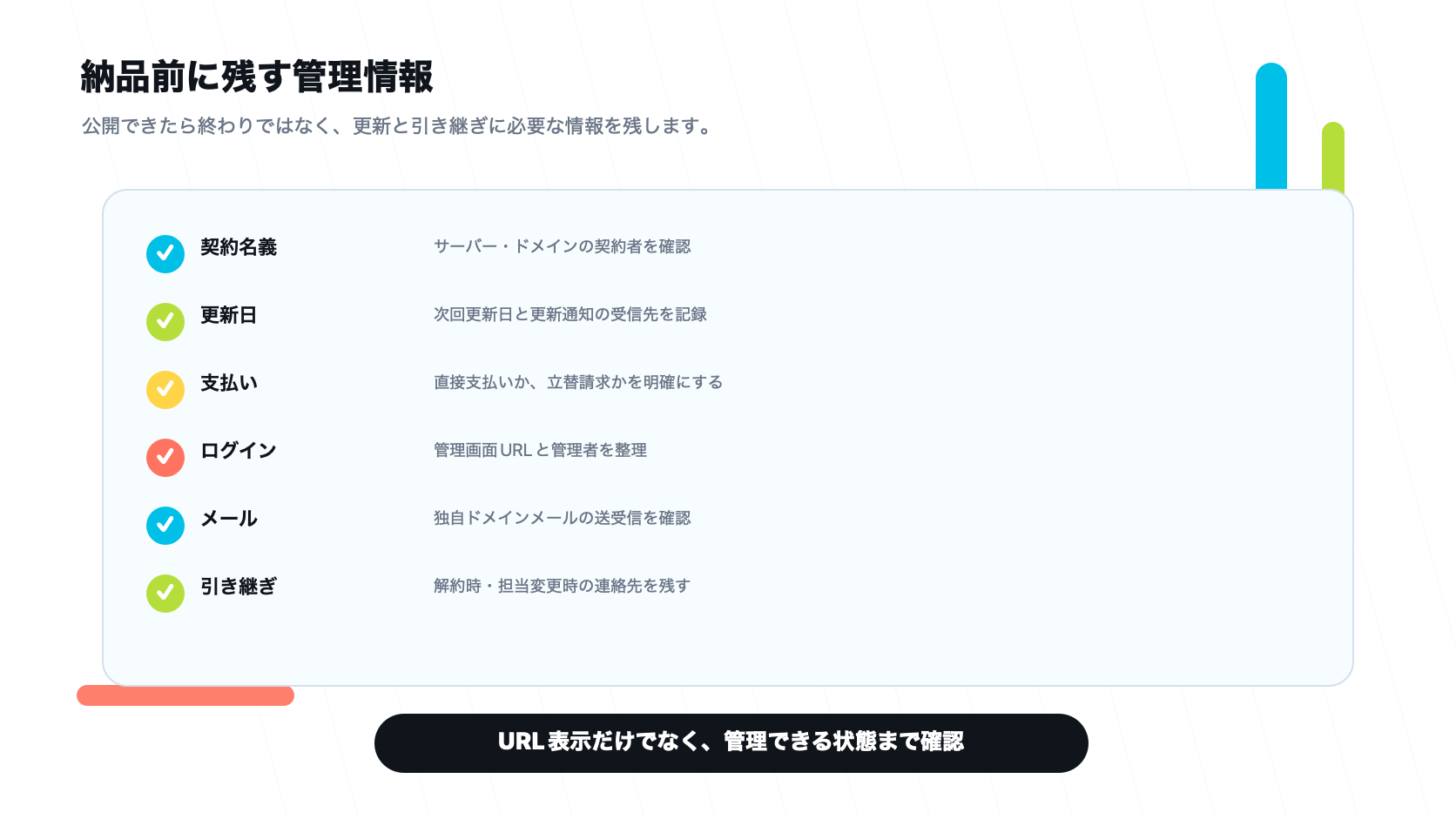サーバーとドメインの納品前に確認する名義、更新日、支払い、ログイン、引き継ぎのチェックリスト