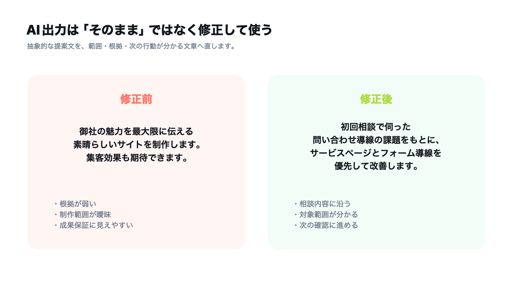 AIが作った抽象的な提案文を具体的な提案文へ修正する例