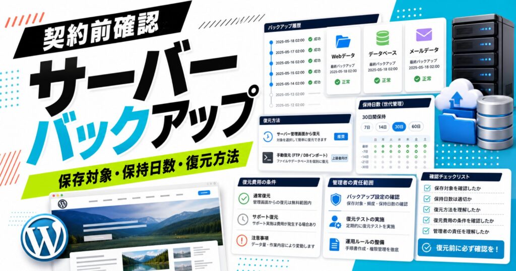 レンタルサーバーのバックアップで保存対象、保持日数、復元方法を確認することを示すサムネイル