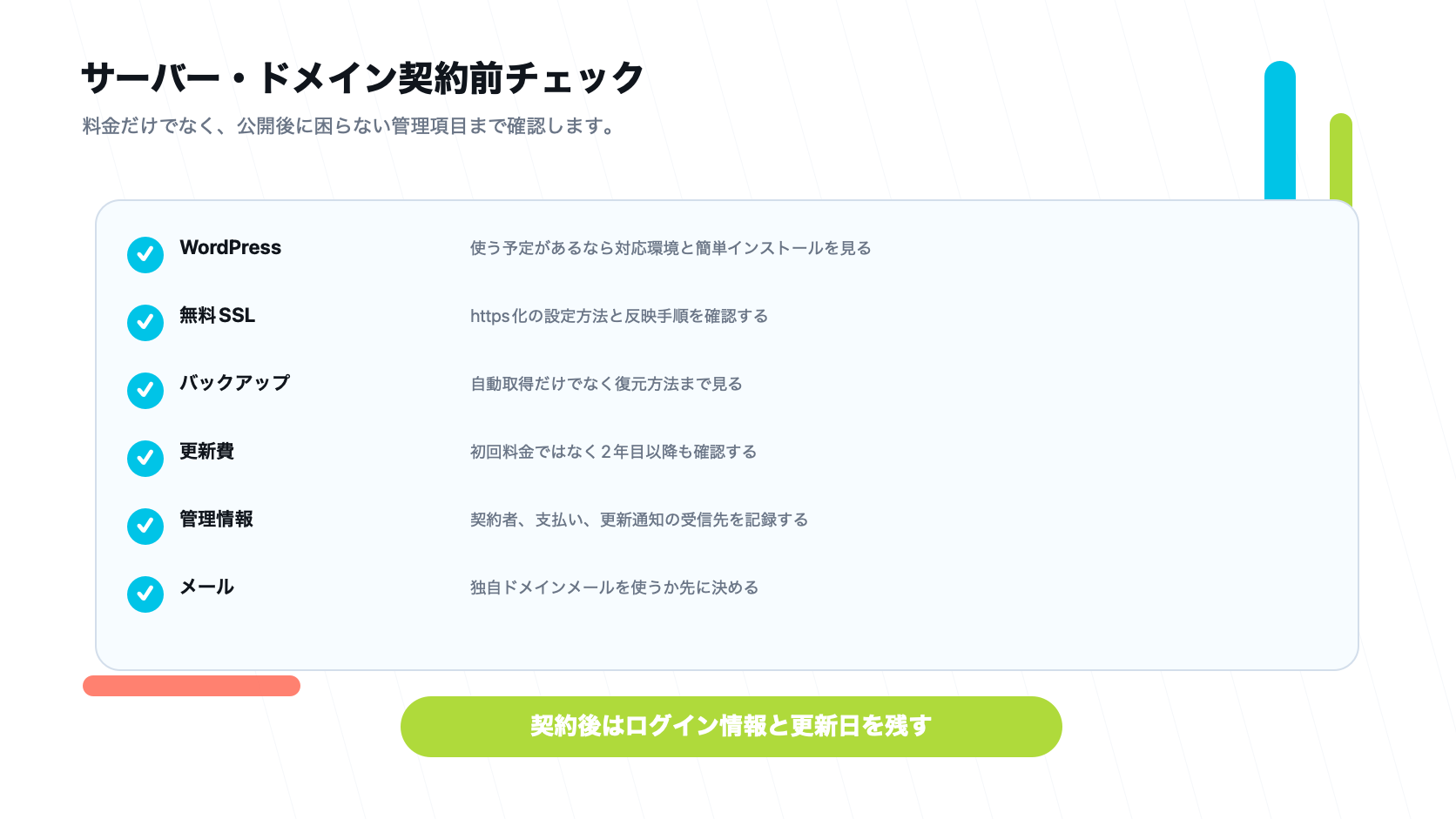 サーバーとドメインを契約する前に確認するWordPress、SSL、バックアップ、更新費、管理情報、メールのチェックリスト