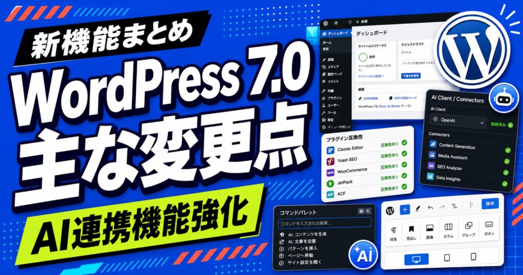WordPress 7.0の主な変更点とAI連携機能強化を示すサムネイル