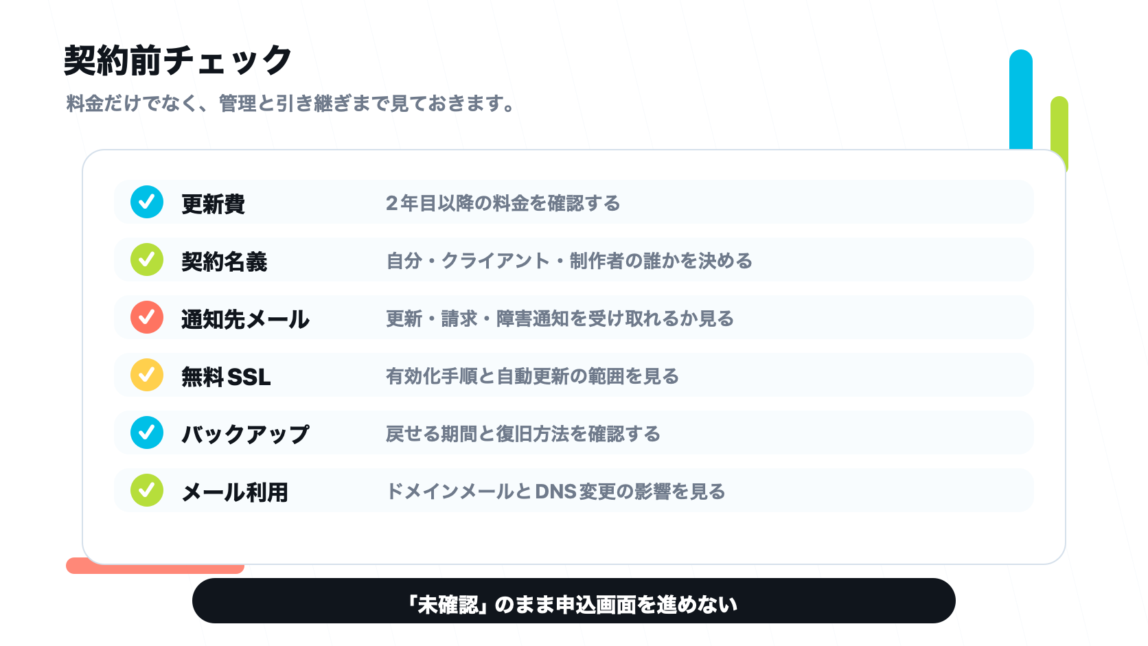 WordPress用のサーバーとドメイン契約前に更新費、契約名義、通知先メール、SSL、バックアップ、メール利用を確認するチェックリスト